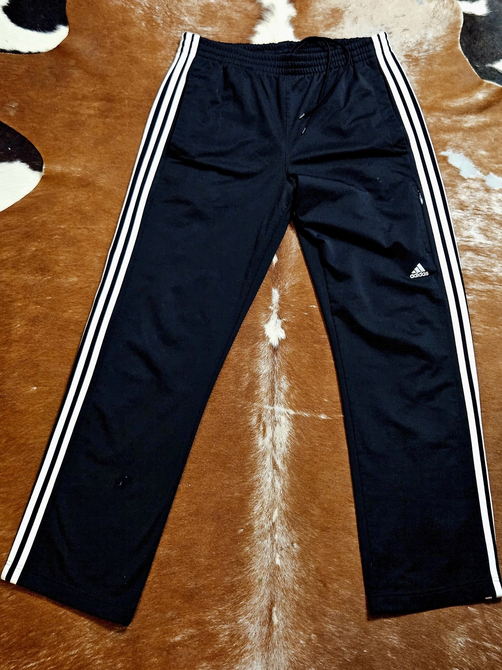 Adidas Women's Black Track Pants with White Stripes Wide Leg Zip Pockets LG